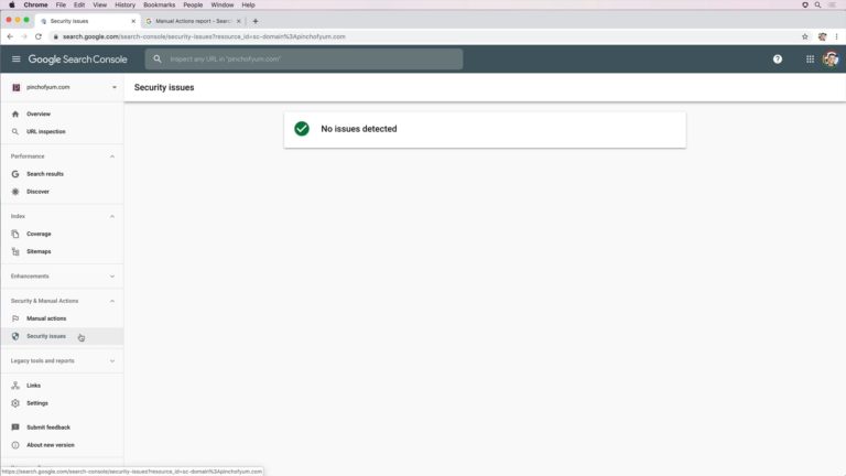 Screenshot of a 'no issues detected' message under Security Issues on Google Search Console