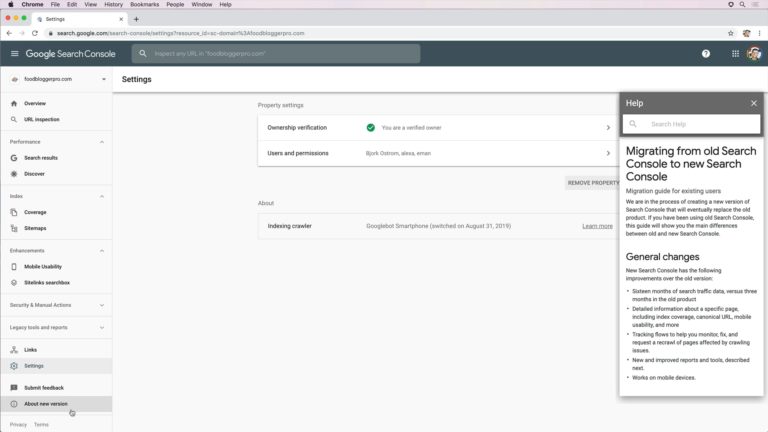 Screenshot of the Settings page in Google Search Console