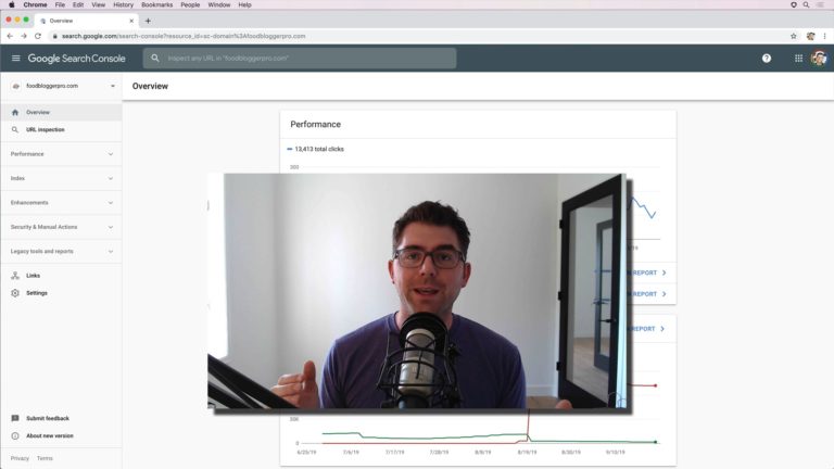 Bjork Ostrom speaking in a video set on top of a screenshot of Google Search Console