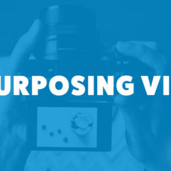 An image of a camera with food on it and the title of the 232rd episode on the Food Blogger Pro Podcast, 'Repurposing Video.'