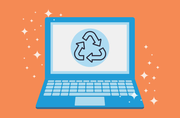 Graphic of blue laptop in front of an orange background with a recycle graphic on the screen