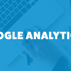 Hands typing on a laptop and the title of Alison Bechdol's episode on the Food Blogger Pro Podcast, 'Google Analytics 4.'