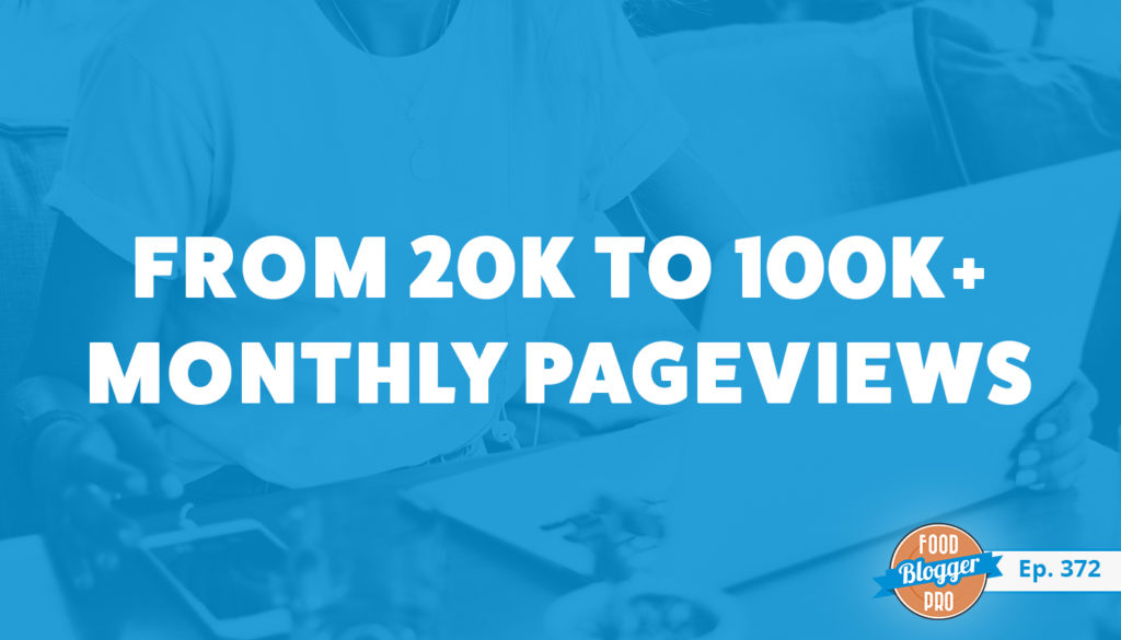 Woman using a laptop and the title of Elena Davis' episode on the Food Blogger Pro Podcast, 'From 20k to 100k+ Monthly Pageviews'