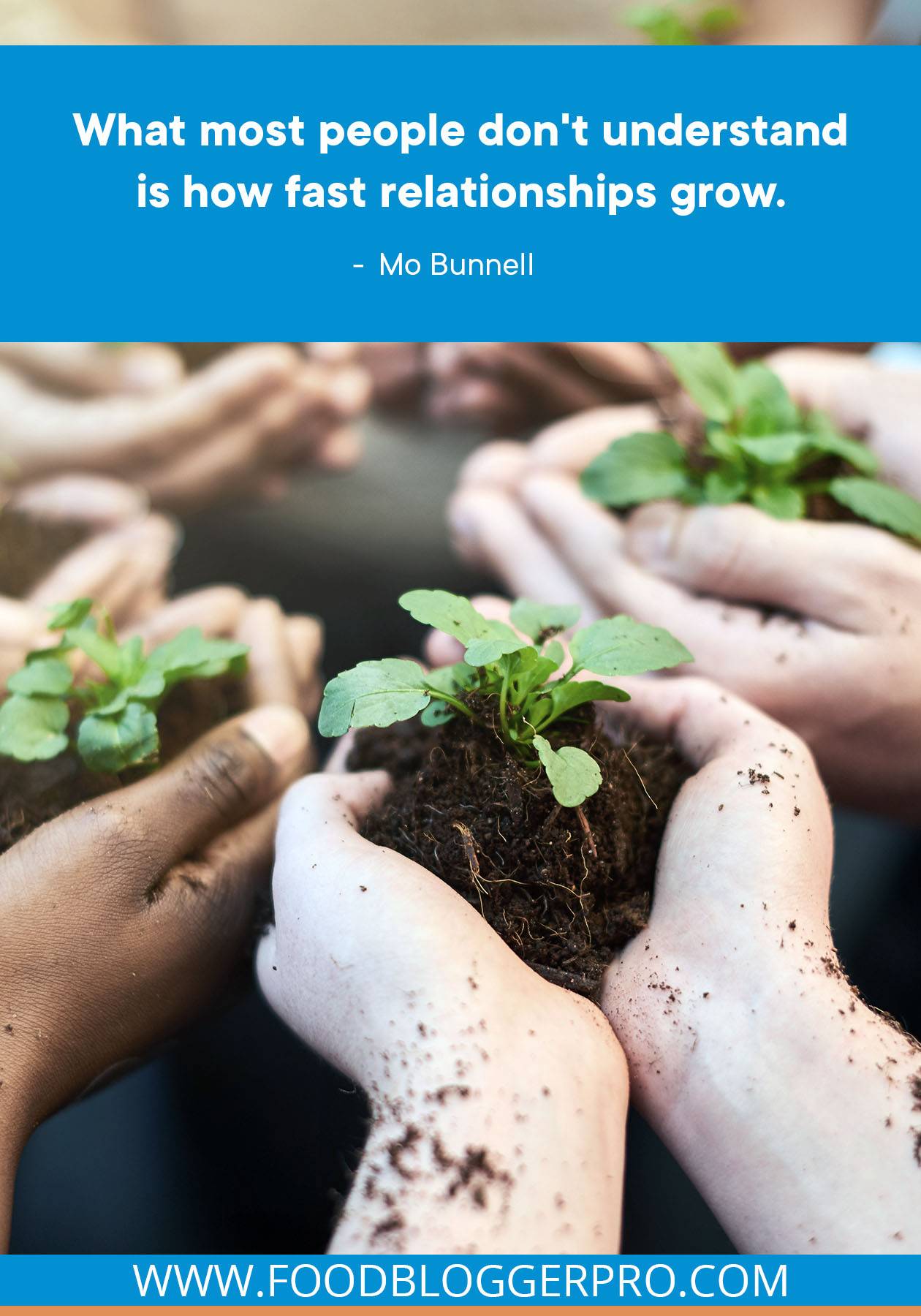 A photograph of a group of people holding handfuls of soil with plants with a quote from Mo Bunnell's episode of The Food Blogger Pro Podcast that reads: "What most people don't understand is how fast relationships grow."