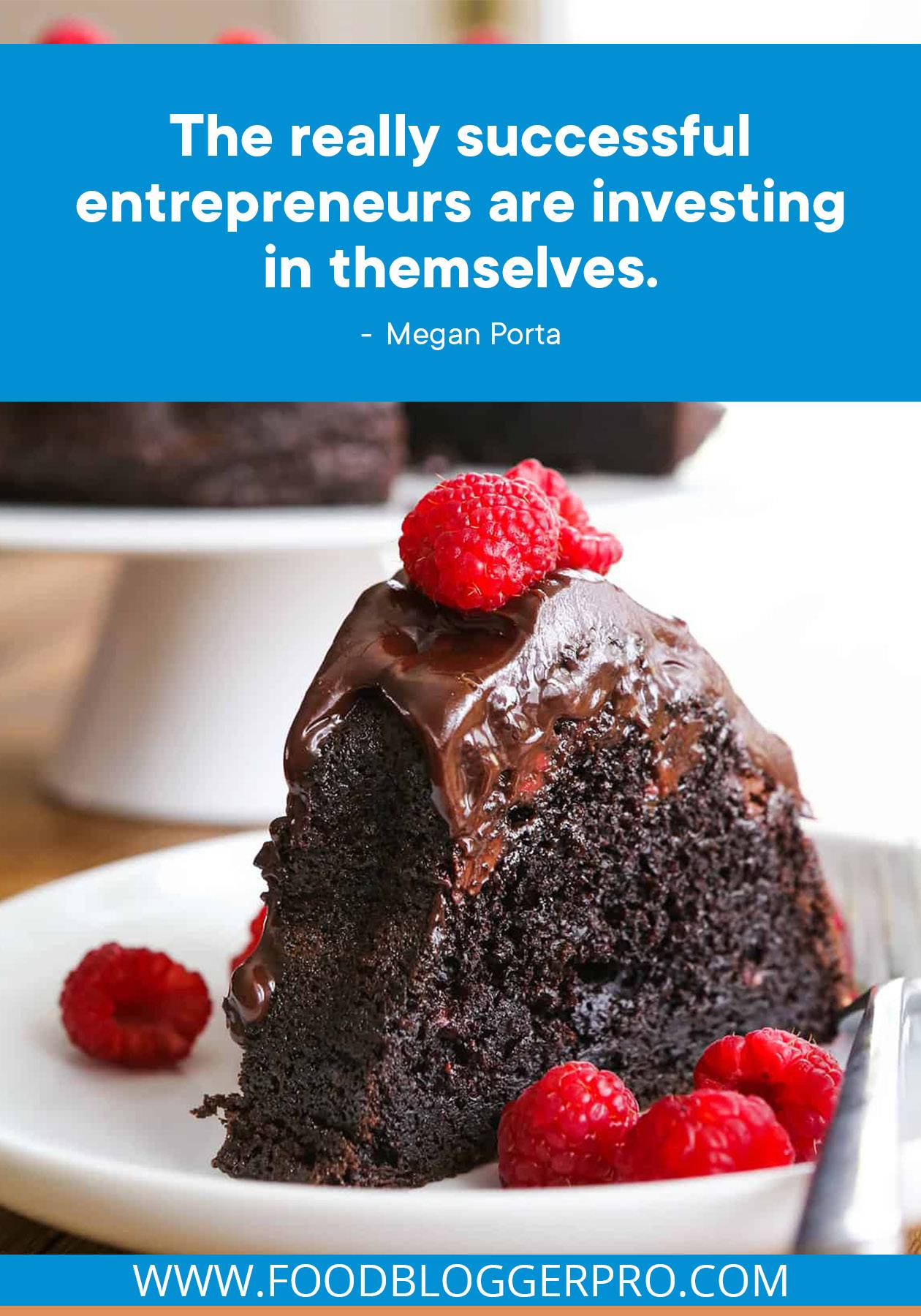 A photograph of a slice of chocolate cake with frosting and raspberries on top with a quote from Megan Porta's episode of the Food Blogger Pro Podcast that reads: "The really successful entrepreneurs are investing in themselves."