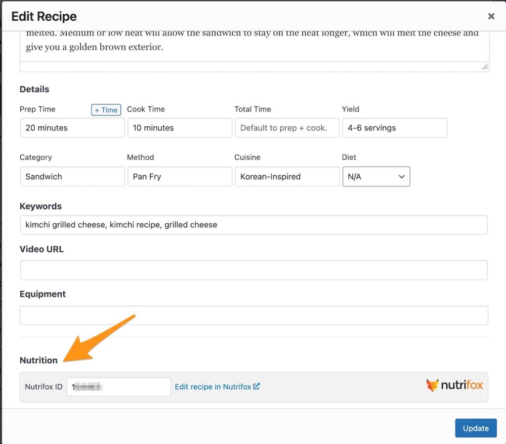 The Nutrifox box in the Tasty Recipes recipe editor