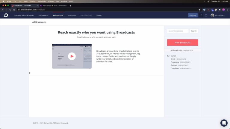 Screenshot of broadcasts area in ConvertKit