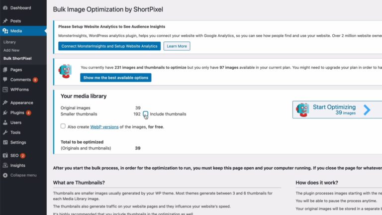 ShortPixel Bulk Image Optimization area in WordPress