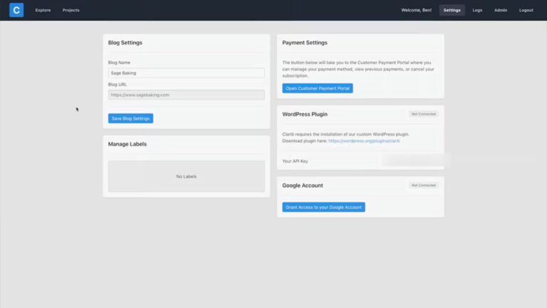 the Clariti Blog, payment, WordPress, Google, and labels setting page