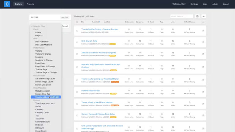 Clariti's explore page with the filter list open