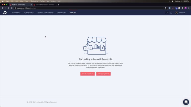 Screenshot of commerce area on ConvertKit