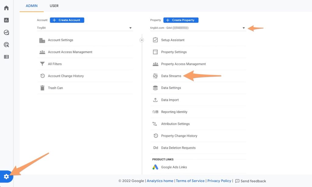 orange arrows pointing to the admin gear icon and the Data Streams area in GA4