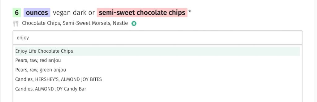 Screenshot of someone editing an ingredient on Nutrifox