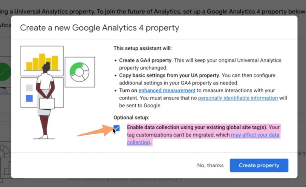 an orange arrow pointing to the 'enable data collecting using your existing global site tag(s) checkbox for Google Analytics 4