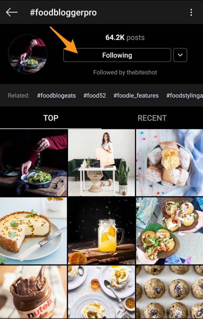 Screenshot of Instagram showing how a user can follow a hashtag