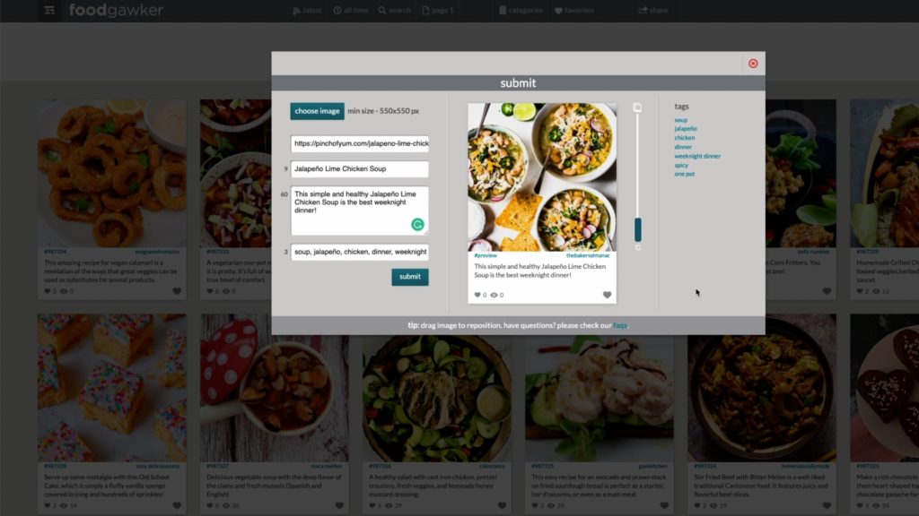 Screenshot of submitting a photo on Foodgawker