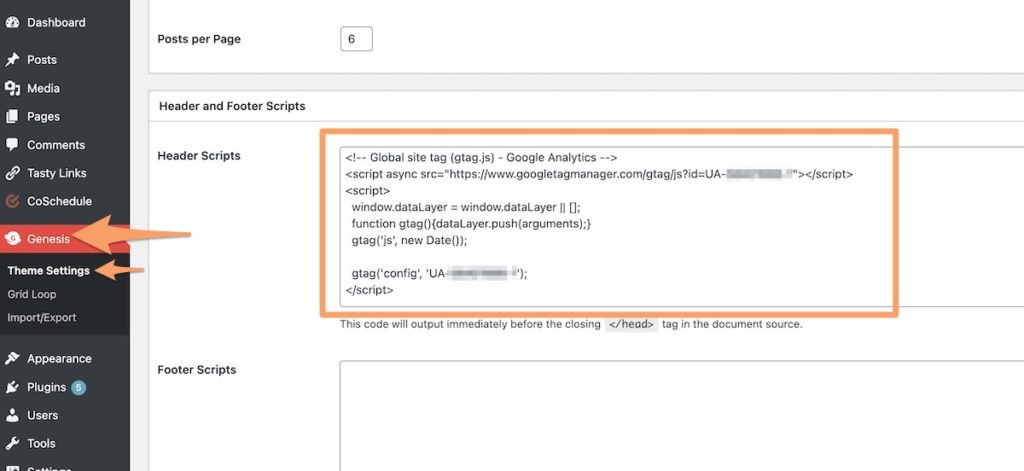 Orange arrows pointing to Genesis > Theme Settings in WordPress and an orange box around the header script area