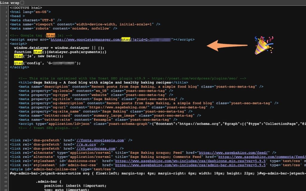 an orange arrow and the tada emoji pointing at the gtag.js code in the page source