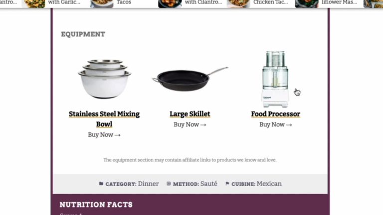 Screenshot of a Tasty Links equipment section on Pinch of Yum