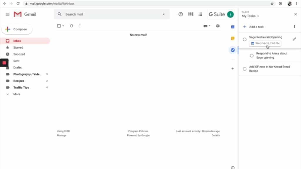 Screenshot of Gmail that says 'No new mail!'