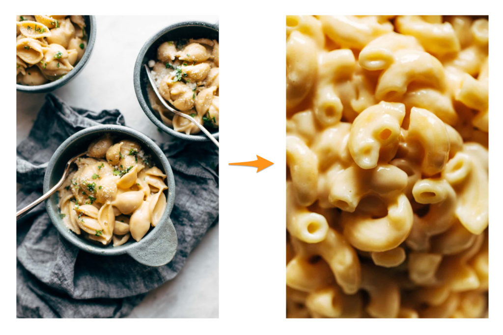 Two photos of instant pot mac and cheese side by side with an arrow pointing from the left photo to the right photo