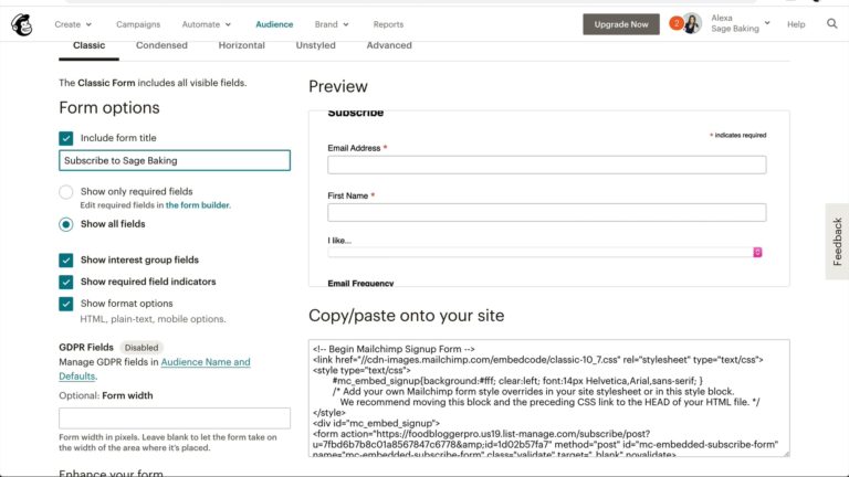 Filling out classic form on Mailchimp as part of Food Blogger Pro's Mailchimp course