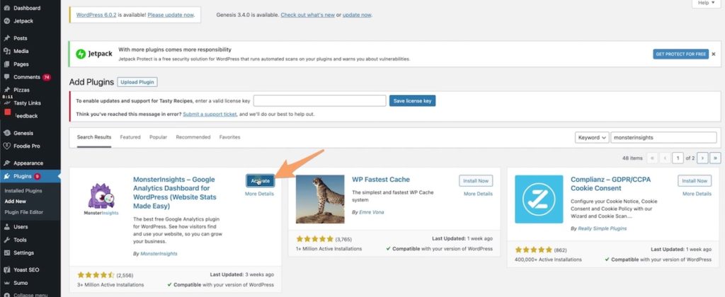 the MonsterInsights plugin in the WordPress plugin repo with an orange arrow pointing to Activate