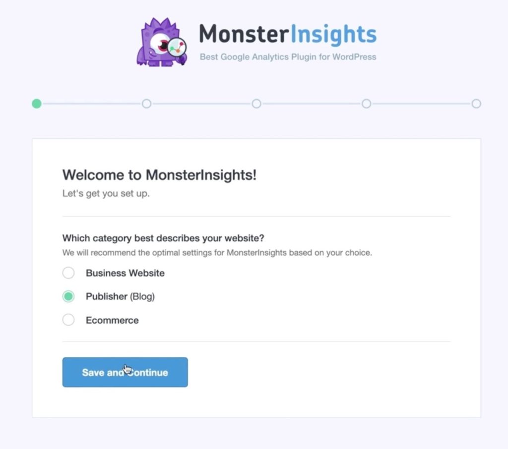 the company type question during the MonsterInsights setup