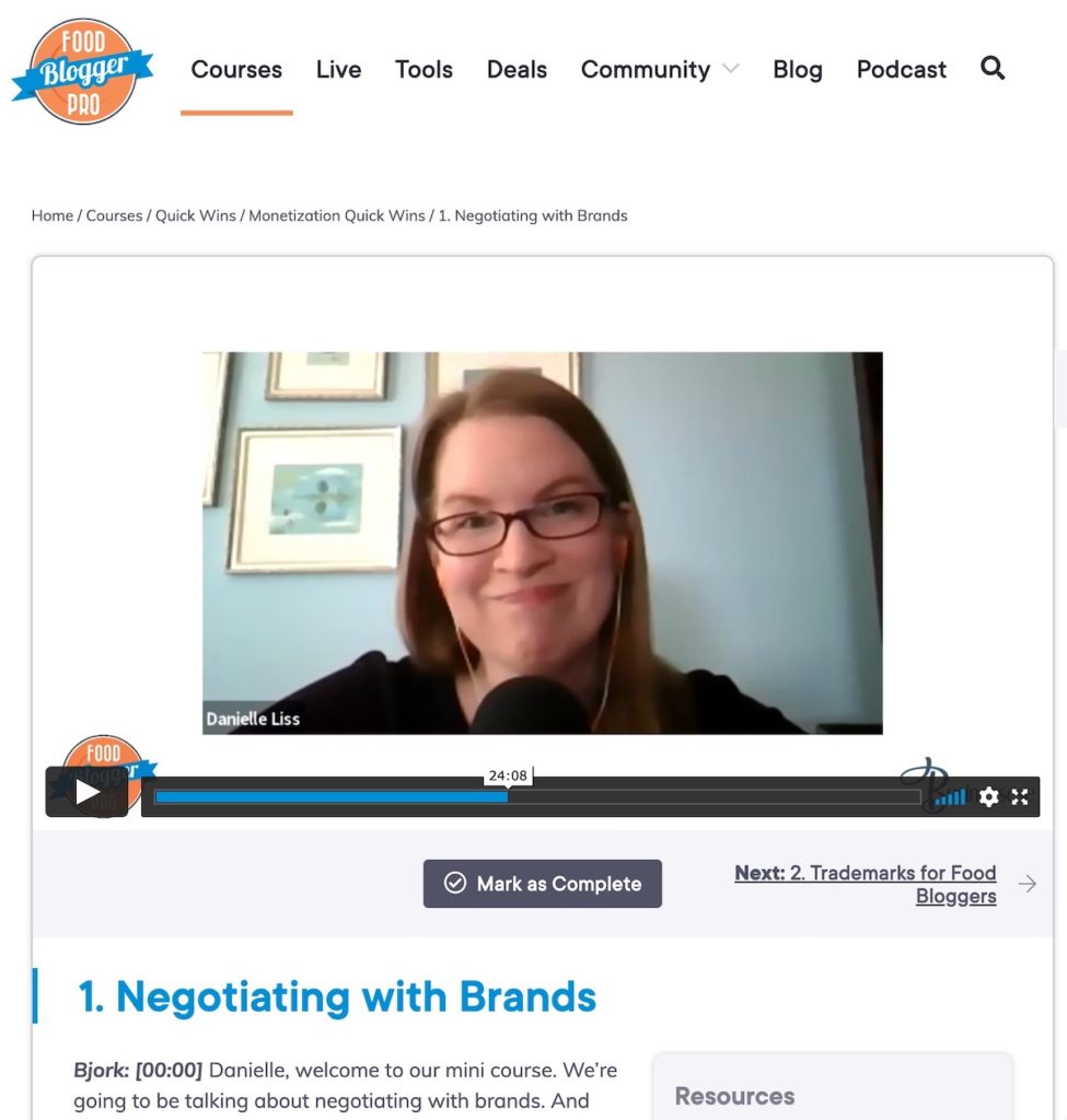 a screenshot of Food Blogger Pro's Negotiating with Brands lesson