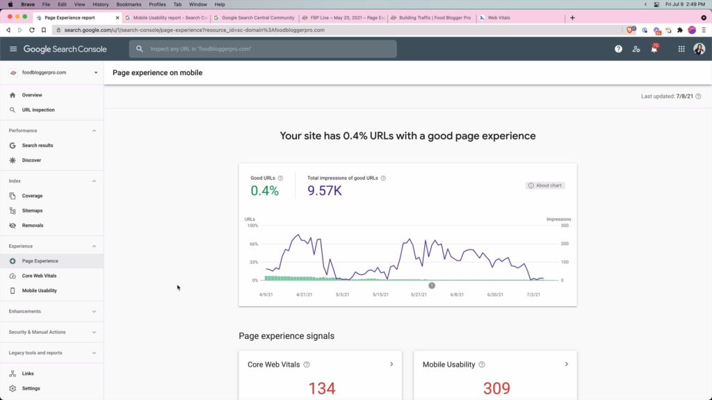 Screenshot of the Page Experience page on Google Search Console