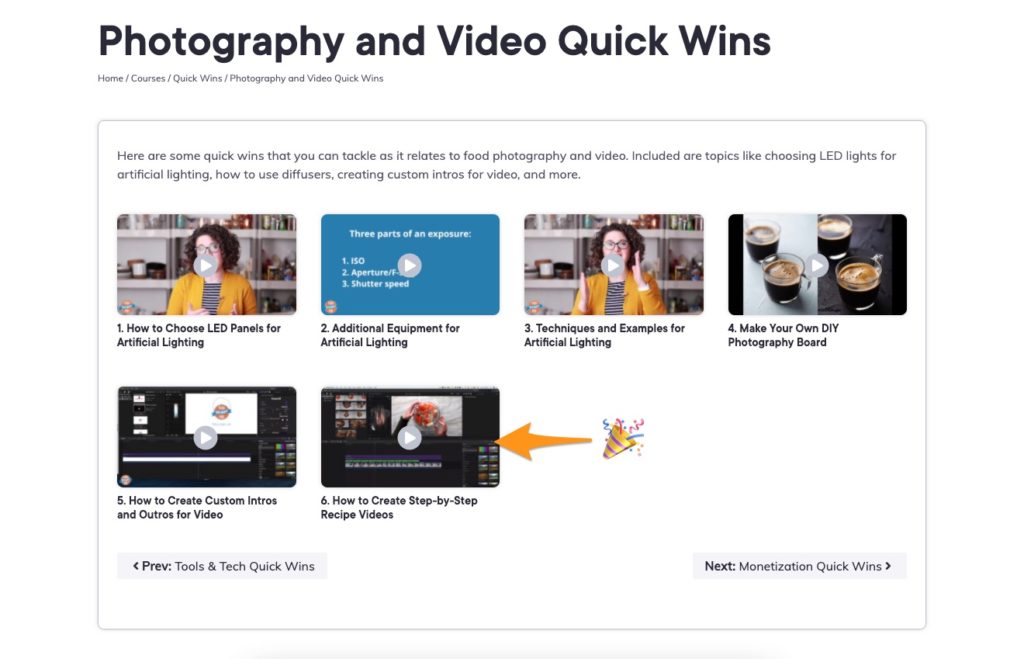 Screenshot of the Photography and Video Quick Wins area on Food Blogger Pro fjksdfjkslf fji keep typ to j jj;i symbol thing
