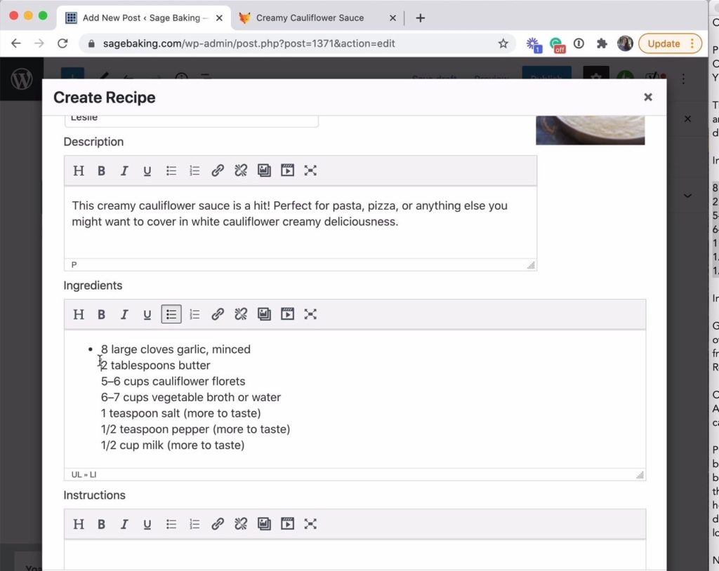 Screenshot of recipe creation process in Tasty Recipes