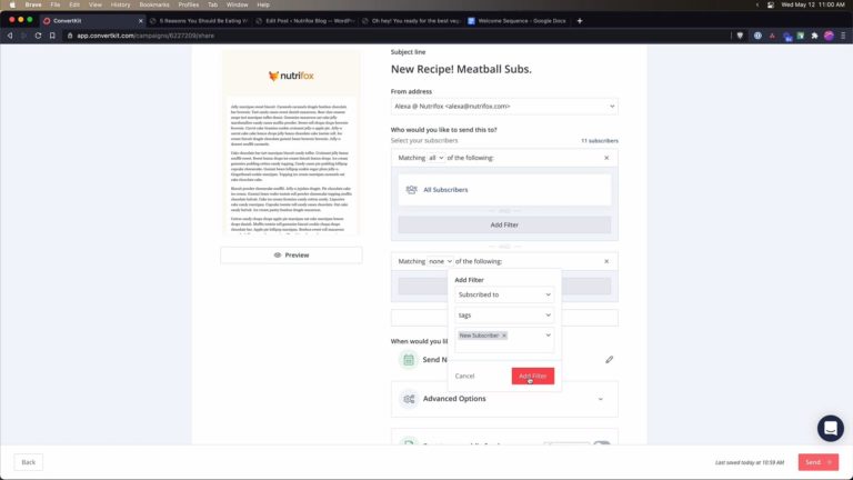 Screenshot of broadcast email settings in ConvertKit