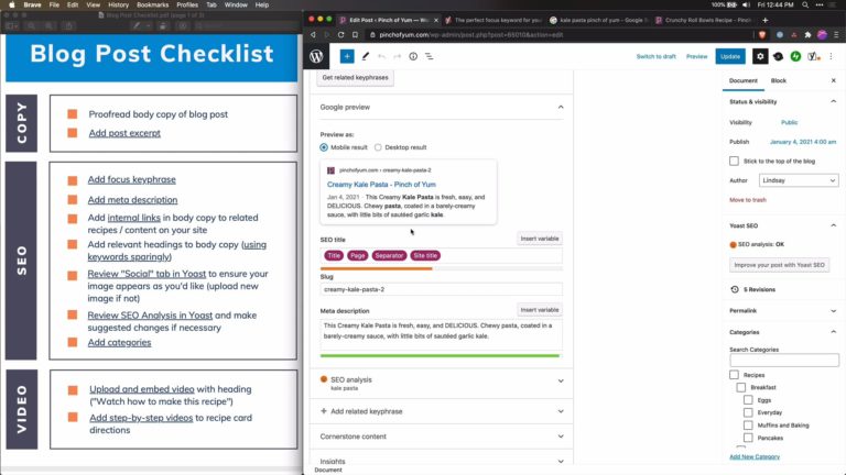 Screenshot of Blog Post Checklist next to the Yoast SEO area for a Pinch of Yum blog post