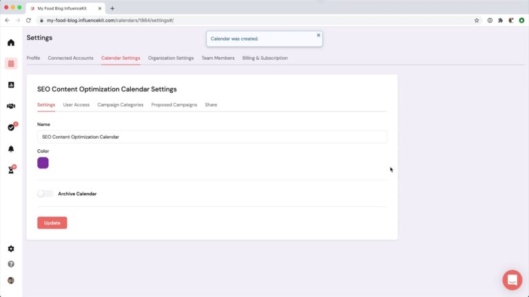 the calendar settings screen on InfluenceKit
