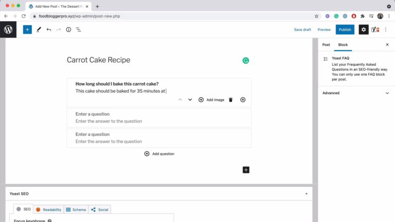 Screenshot of a blog post with the Yoast FAQ block being written