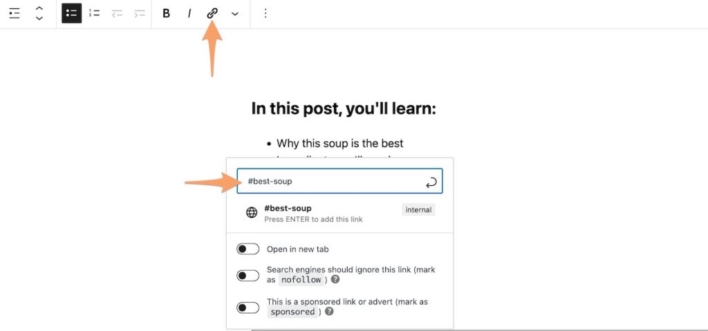 two orange arrows pointing to the WordPress link button and adding an anchor link to a bulleted item