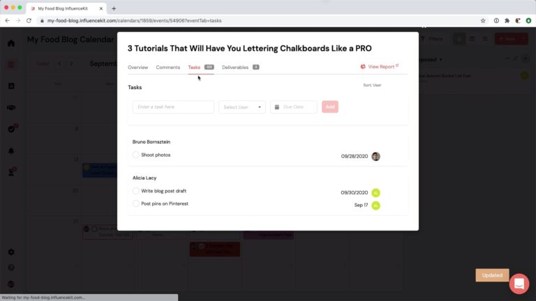 The tasks screen within a campaign on InfluenceKit