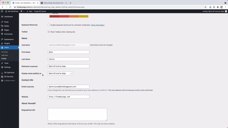 Screenshot of the user profile settings and display name settings within WordPress