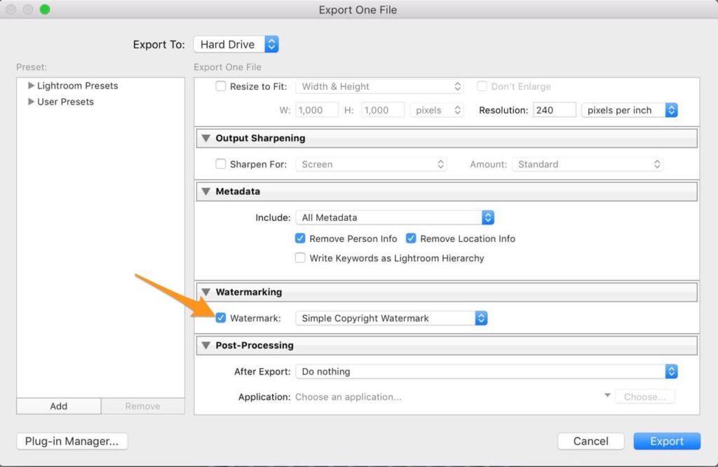 The Lightroom Export menu
