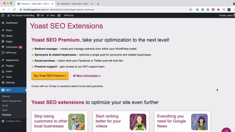 Screenshot of the Yoast Premium page overview