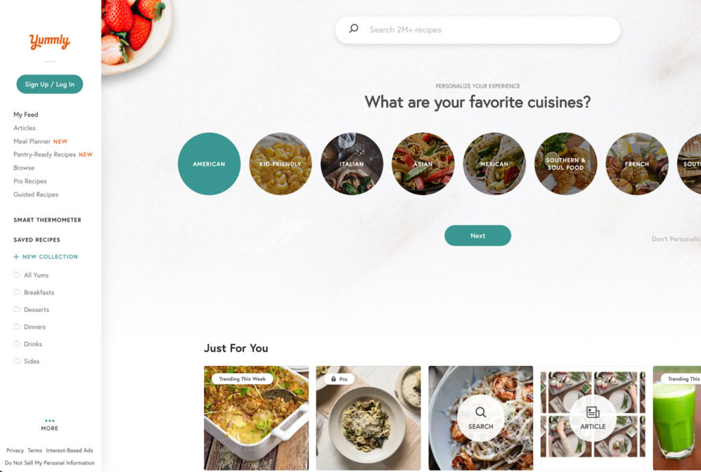 Screenshot of the Yummly homepage.
