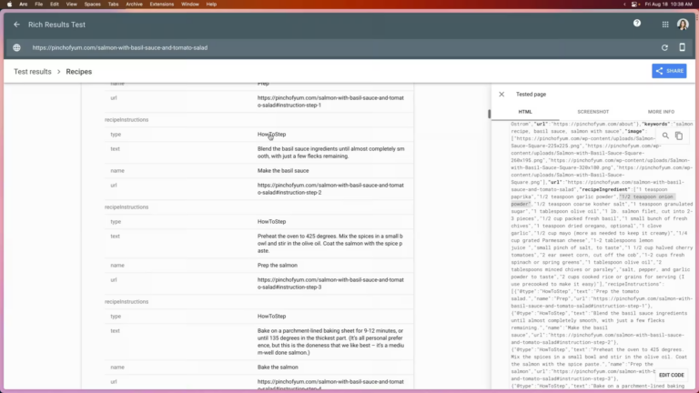 The structured data in a rich results test