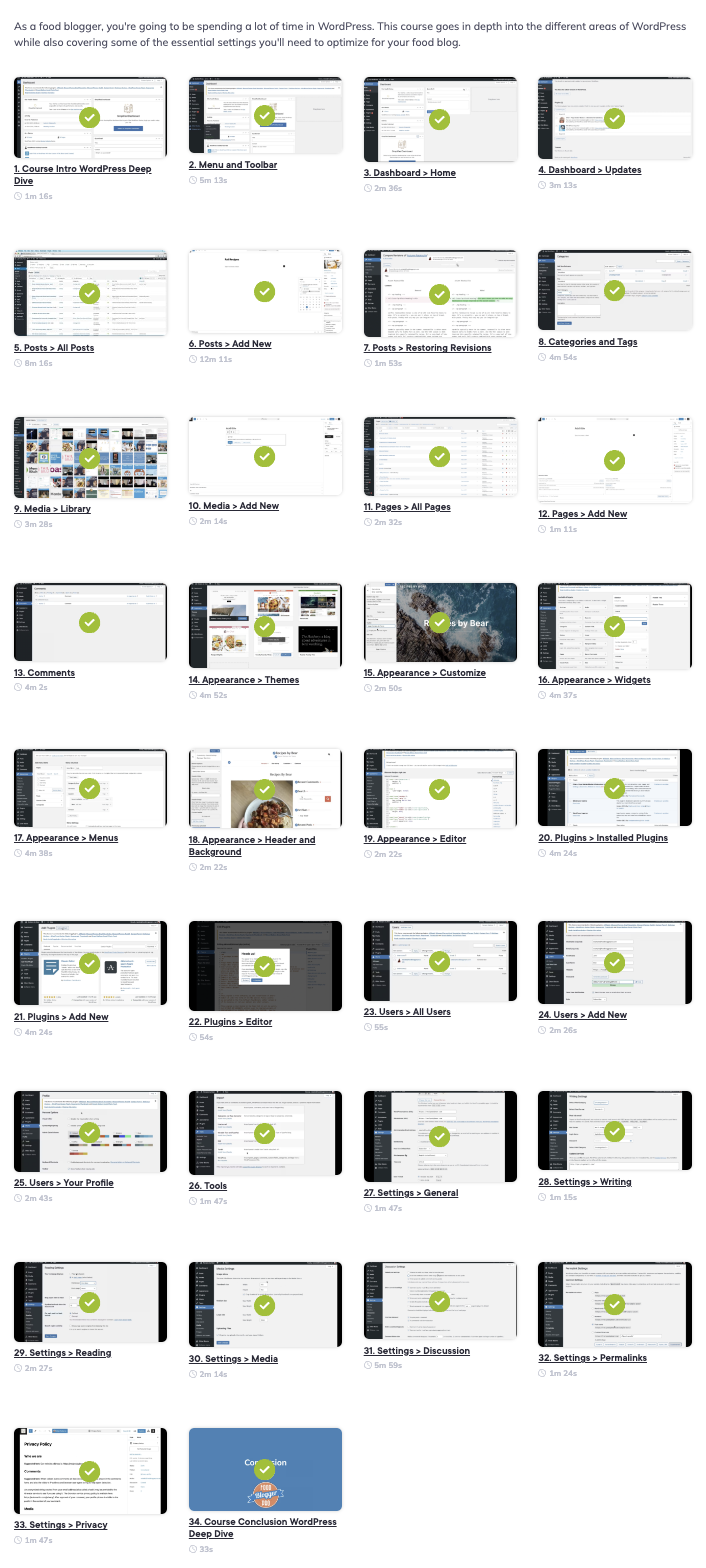 Course overview for WordPress Deep Dive showing the lessons