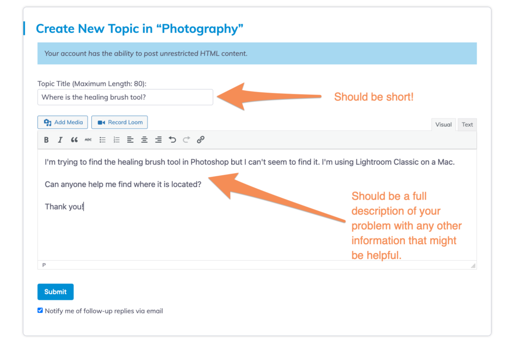 screenshot of the "create new topic" window in the forum