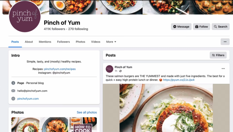 Pinch of Yum Facebook homepage