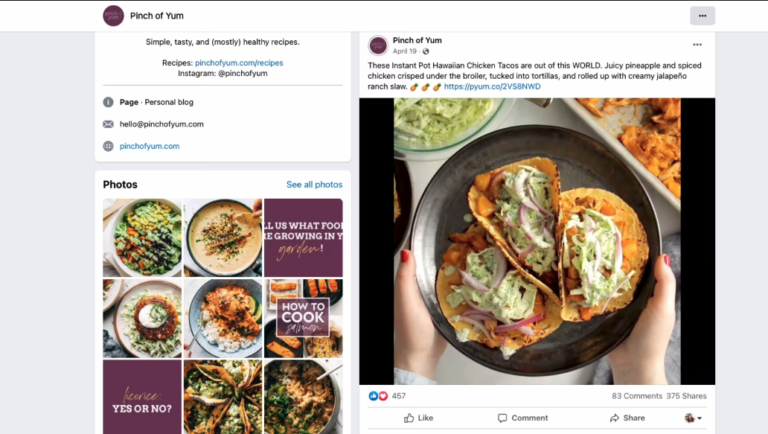Pinch of Yum's Hawaiian chicken tacos video post on Facebook