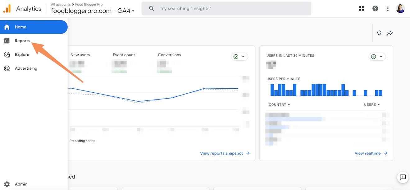 A screenshot of GA4 with an orange arrow towards Reports.