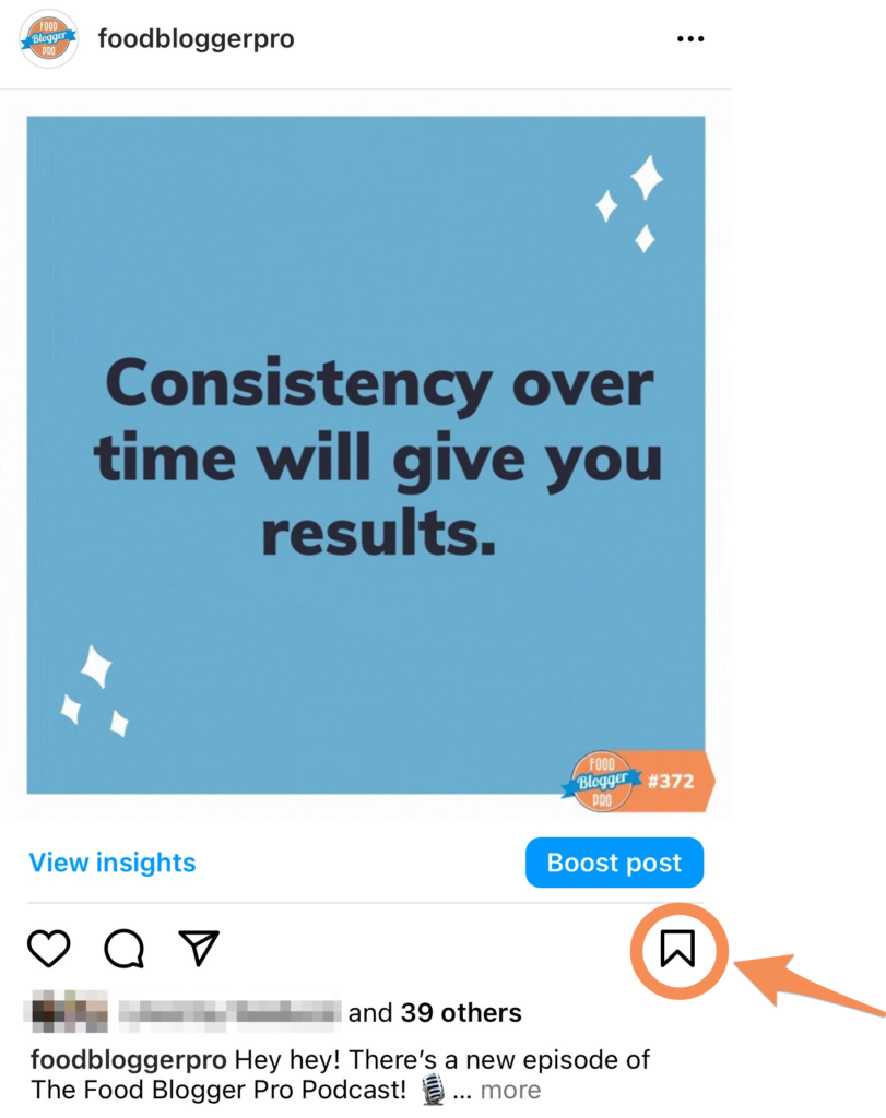 Screenshot of a Food Blogger Pro Instagram post with an arrow pointing towards the circled save button.