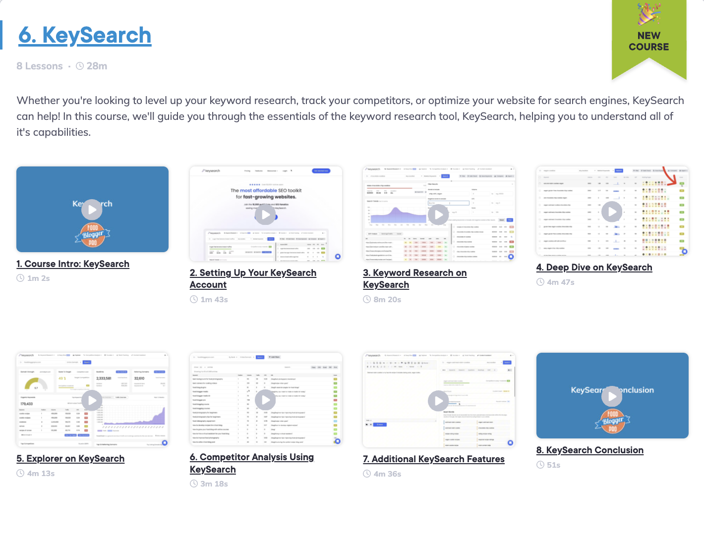 Overview of the KeySearch course, showcasing the lessons